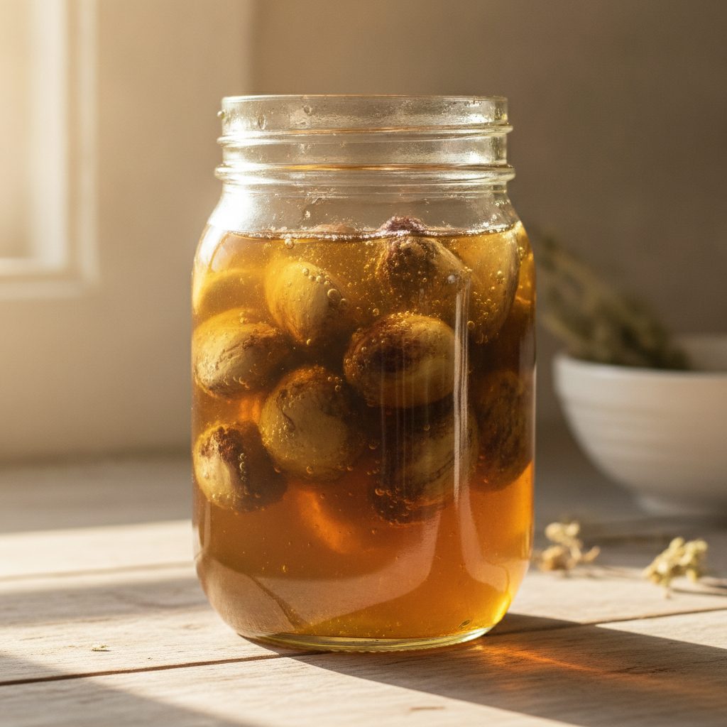 Clear glass mason jar of fermented garlic honey on a sunny wooden kitchen counter with golden honey thickly coating dark garlic cloves inside.