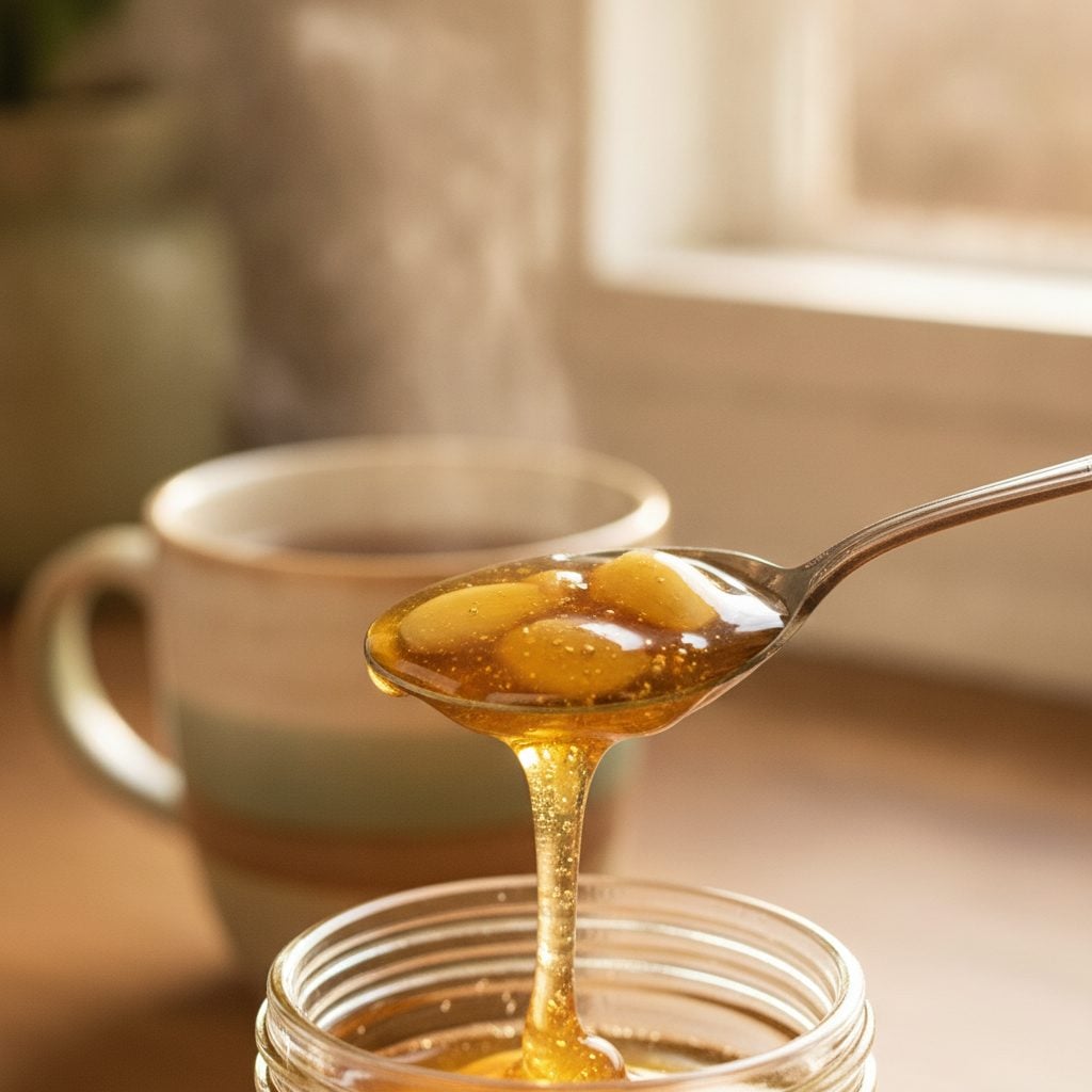 Teaspoon of golden fermented garlic honey being lifted from a jar with a steaming mug of tea in the background in afternoon kitchen light.