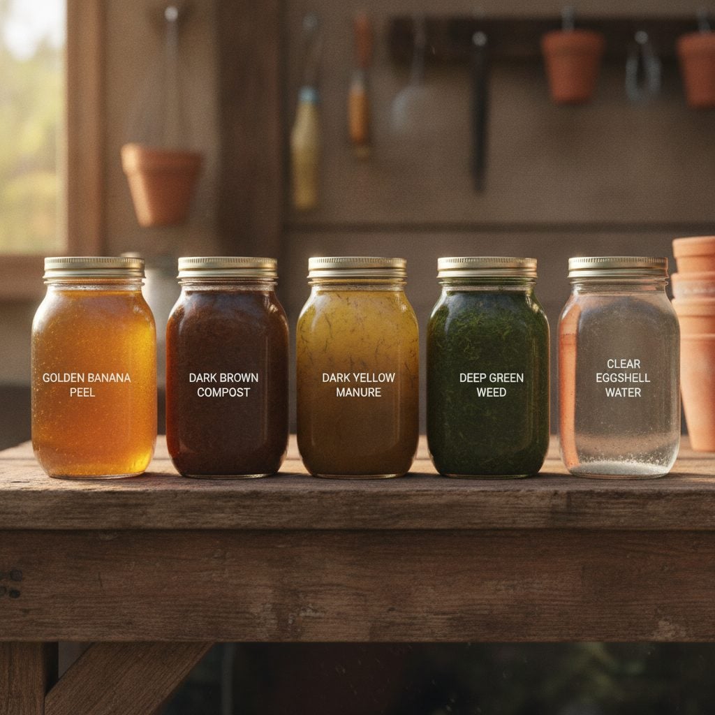Row of glass mason jars on a wooden potting bench each filled with a different colored homemade fertilizer tea.