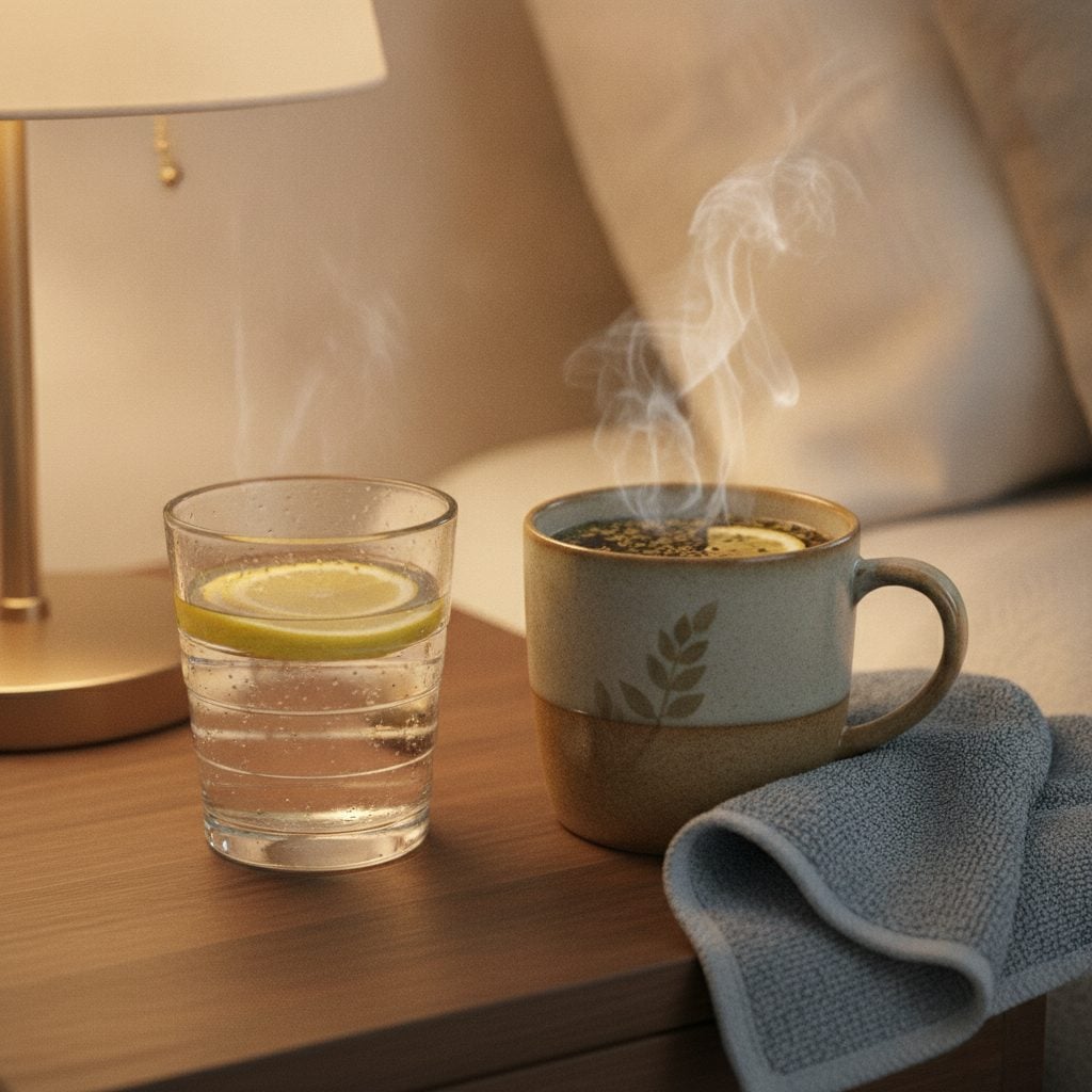 Glass of water with lemon and a steaming mug of herbal tea on a bedroom nightstand beside a folded cool washcloth in soft lamp light.