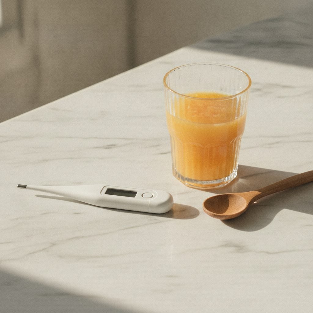 Digital thermometer beside a glass of orange juice and a small wooden spoon on a marble counter in soft afternoon light.