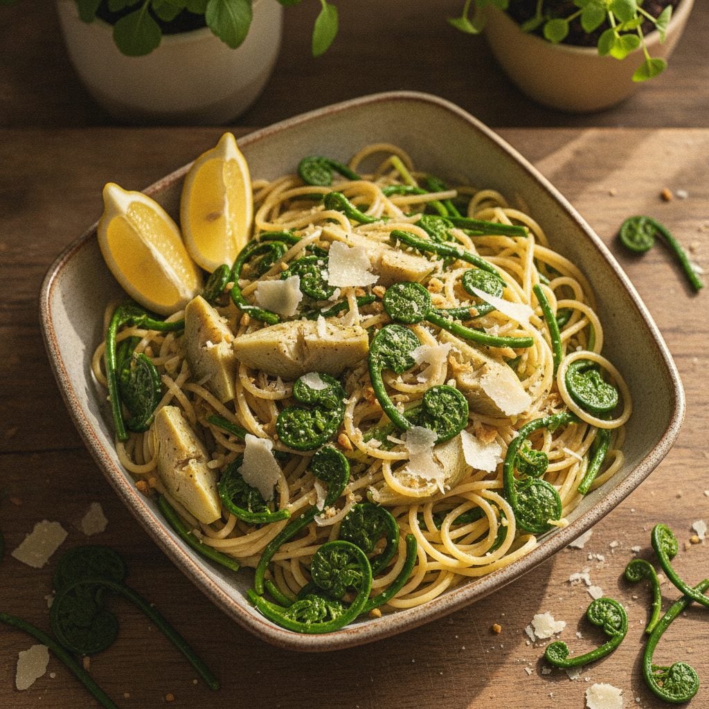 Spaghetti with bright green fiddleheads artichoke hearts garlic and parmesan with fresh fiddleheads beside it