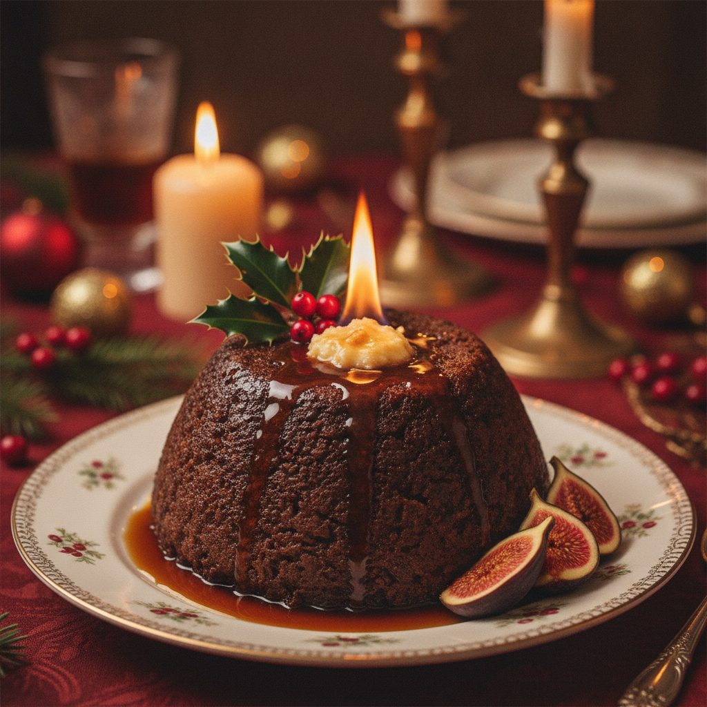 Traditional flaming figgy pudding with blue brandy flame brandy butter and holly garnish on a Christmas table