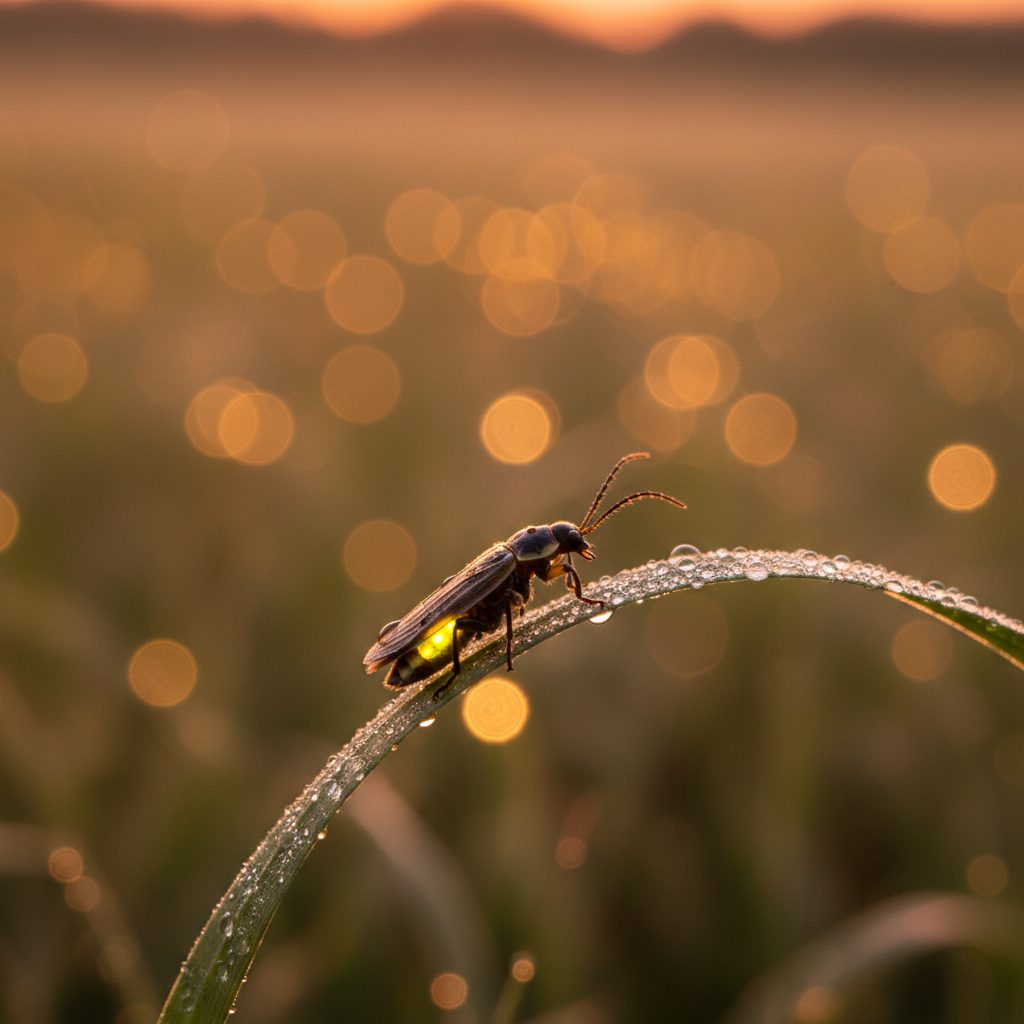 Single firefly on a damp grass blade at dusk on a humid June evening, with distant flashes glowing across a rural meadow, fireflies and weather scene.