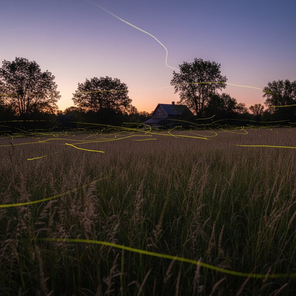 Long-exposure photograph of fireflies streaking above a meadow on a warm humid June evening, illustrating fireflies and weather.