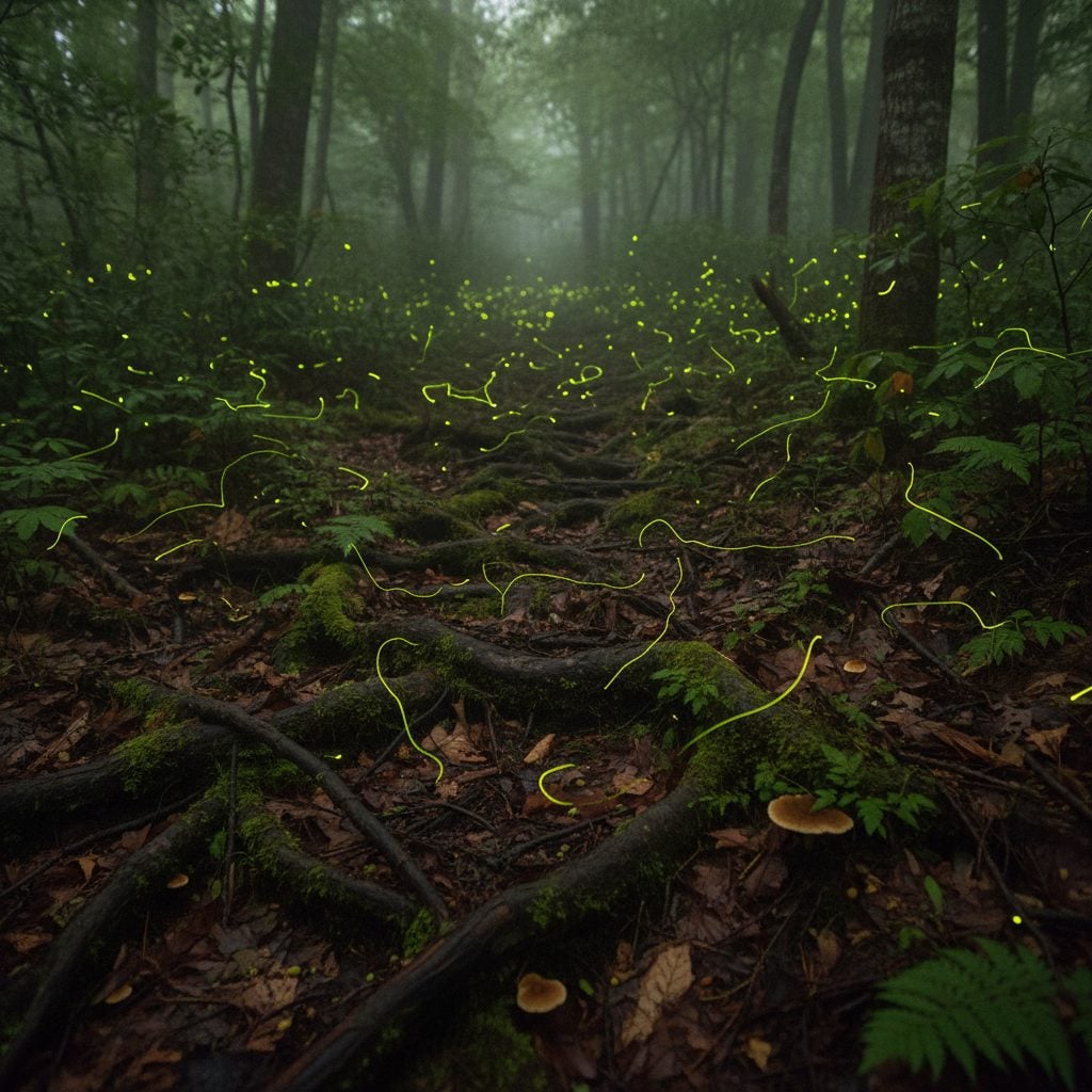 Synchronous fireflies glowing on the Great Smoky Mountains forest floor in early June, the famous fireflies and weather phenomenon.