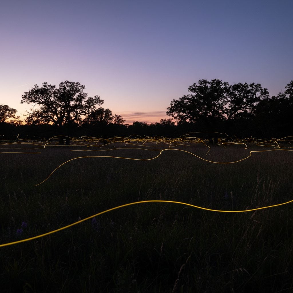 A long-exposure photo of warm-yellow firefly trails over a dark summer meadow with a soft purple-blue twilight sky and oak silhouettes