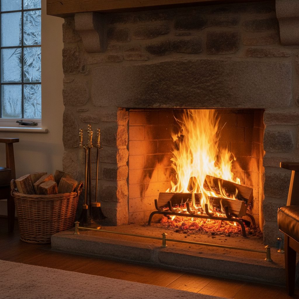 A cozy wood fire burning in a stone home fireplace on a winter evening, illustrating fireplace tips for safe burning