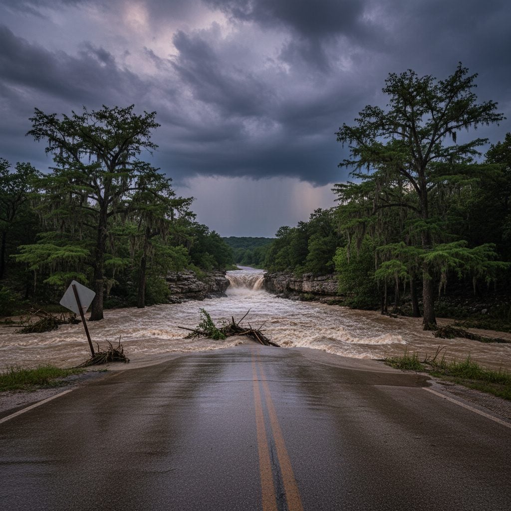 Muddy brown flash flood surging across a low-water road crossing in Texas Hill Country at dusk, illustrating flash flood safety.