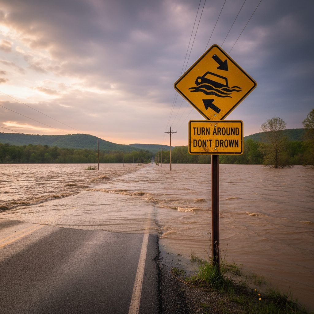Yellow warning sign at the edge of a road flooded by rising muddy water, emphasising flash flood safety and Turn Around Don't Drown.