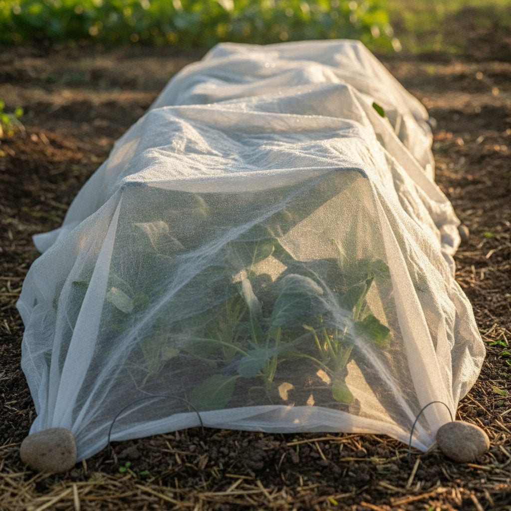Row of young brassica transplants protected under white floating row cover in a sunny summer vegetable garden.