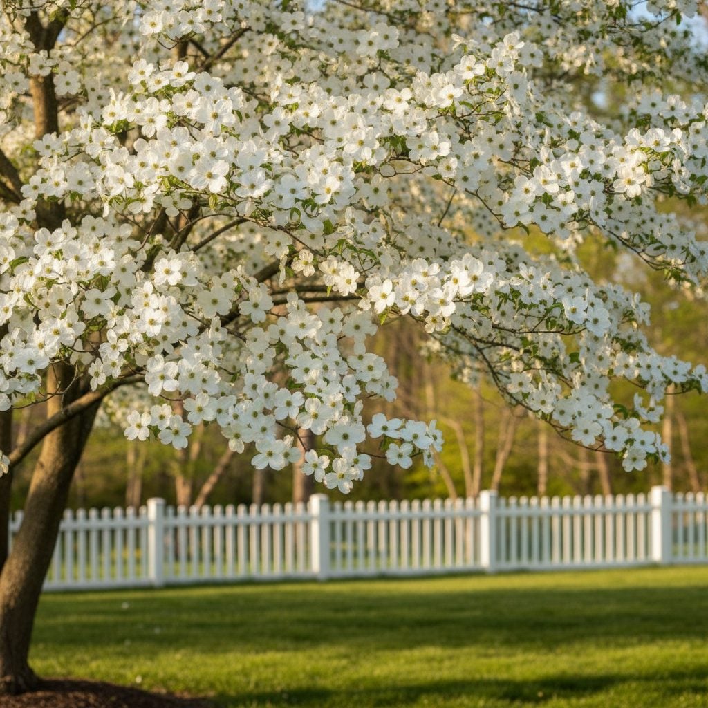 Mature flowering dogwood (Cornus florida) in full white bloom in a sunny North American backyard with a wooden picket fence in late April.