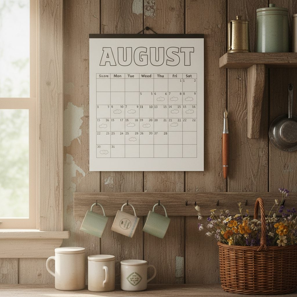 Farmhouse paper calendar with August days marked with fog icons, tracking the old rule that fogs in August predict winter snow.