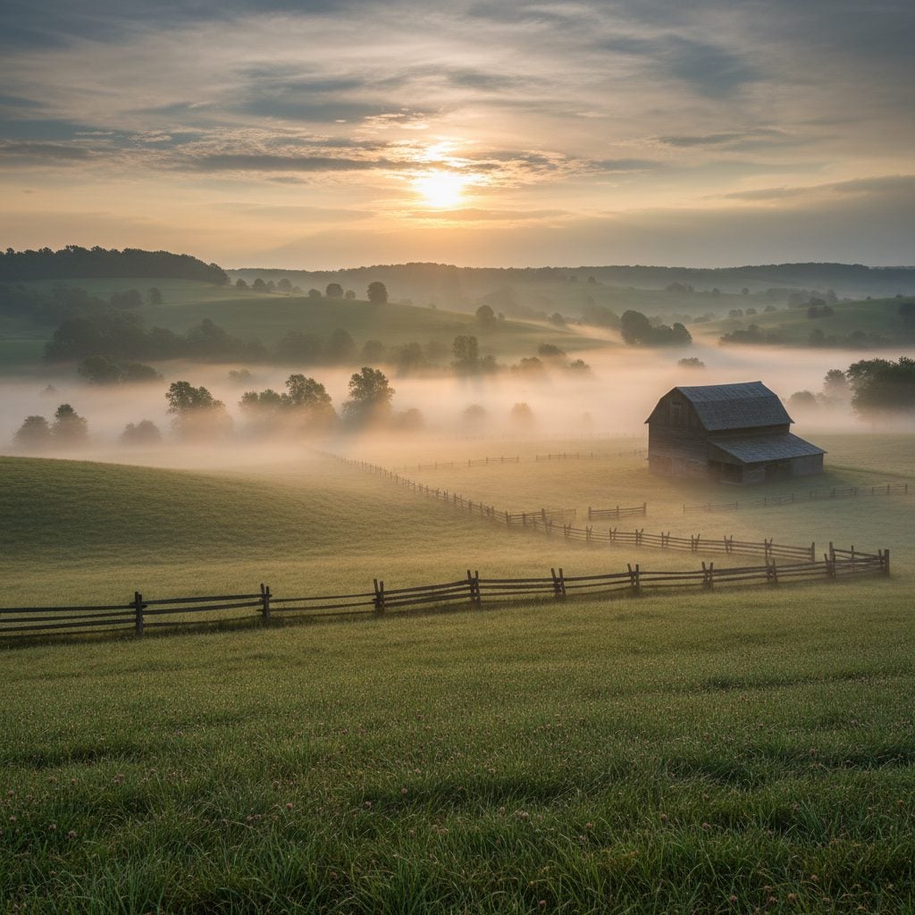 Thick dawn fog over a Pennsylvania farm pasture in August, the kind of fog the old rule says foretells winter snow.