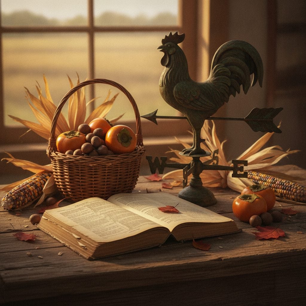 An open almanac, an iron rooster weather vane, acorns, and autumn corn on a wood table, symbols of folklore and weather lore