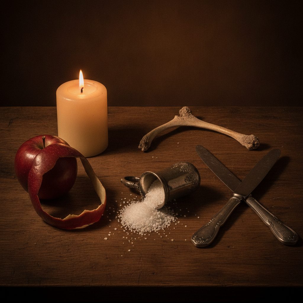 Objects symbolizing food superstitions including spilled salt, crossed knives, a wishbone, and a peeled apple on a dark wooden table