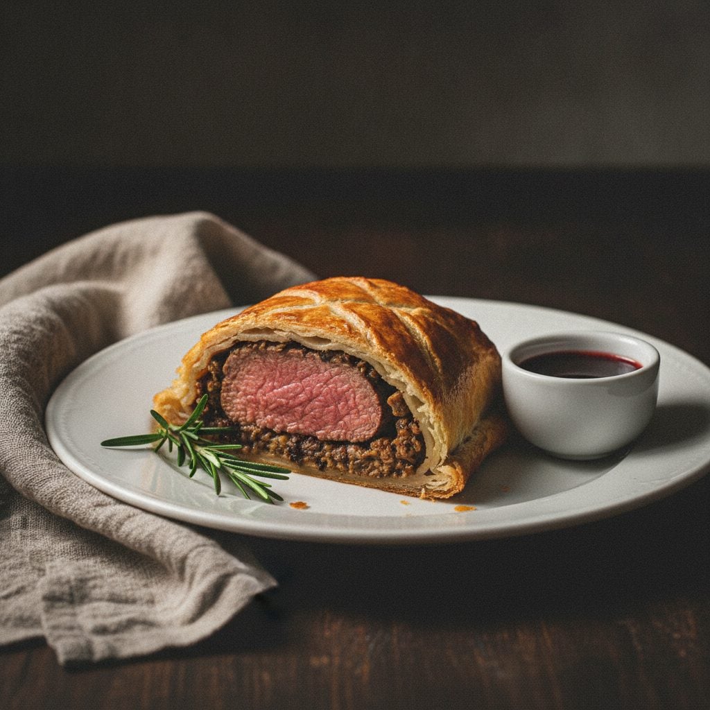 Sliced beef Wellington showing the medium-rare tenderloin wrapped in flaky pastry, named for the Duke of Wellington