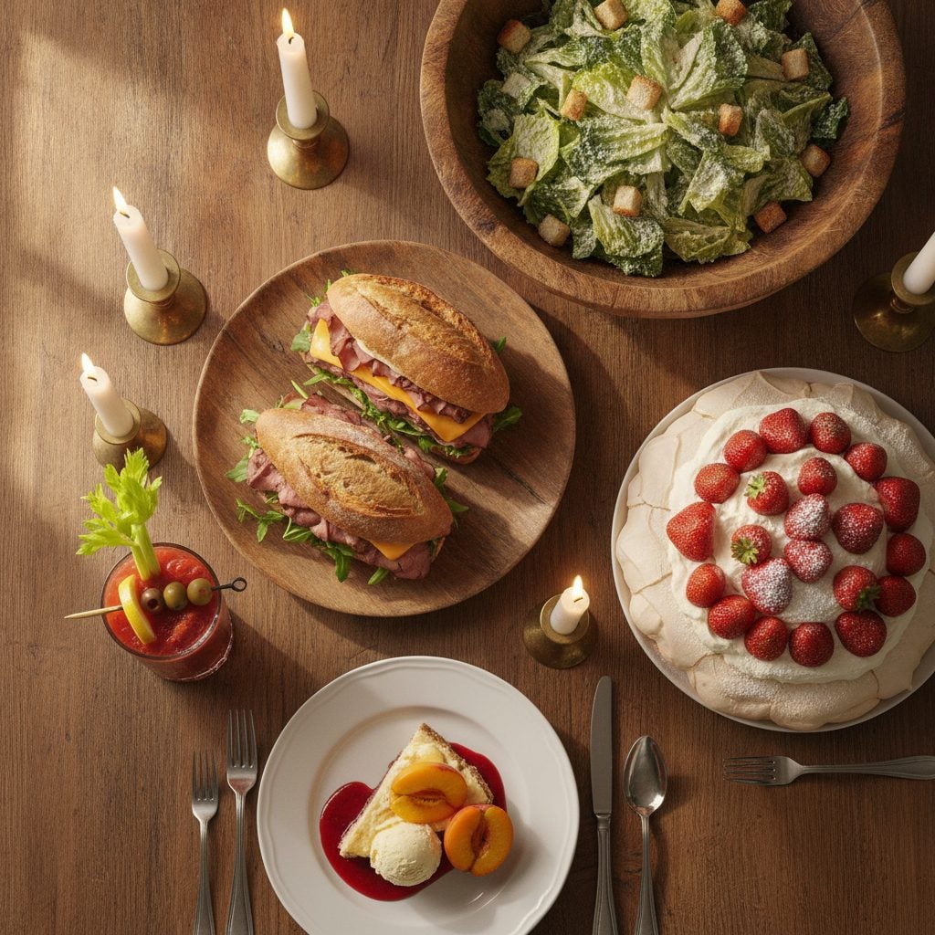 A spread of foods named after people including a sandwich, Caesar salad, Bloody Mary, peach Melba, and pavlova
