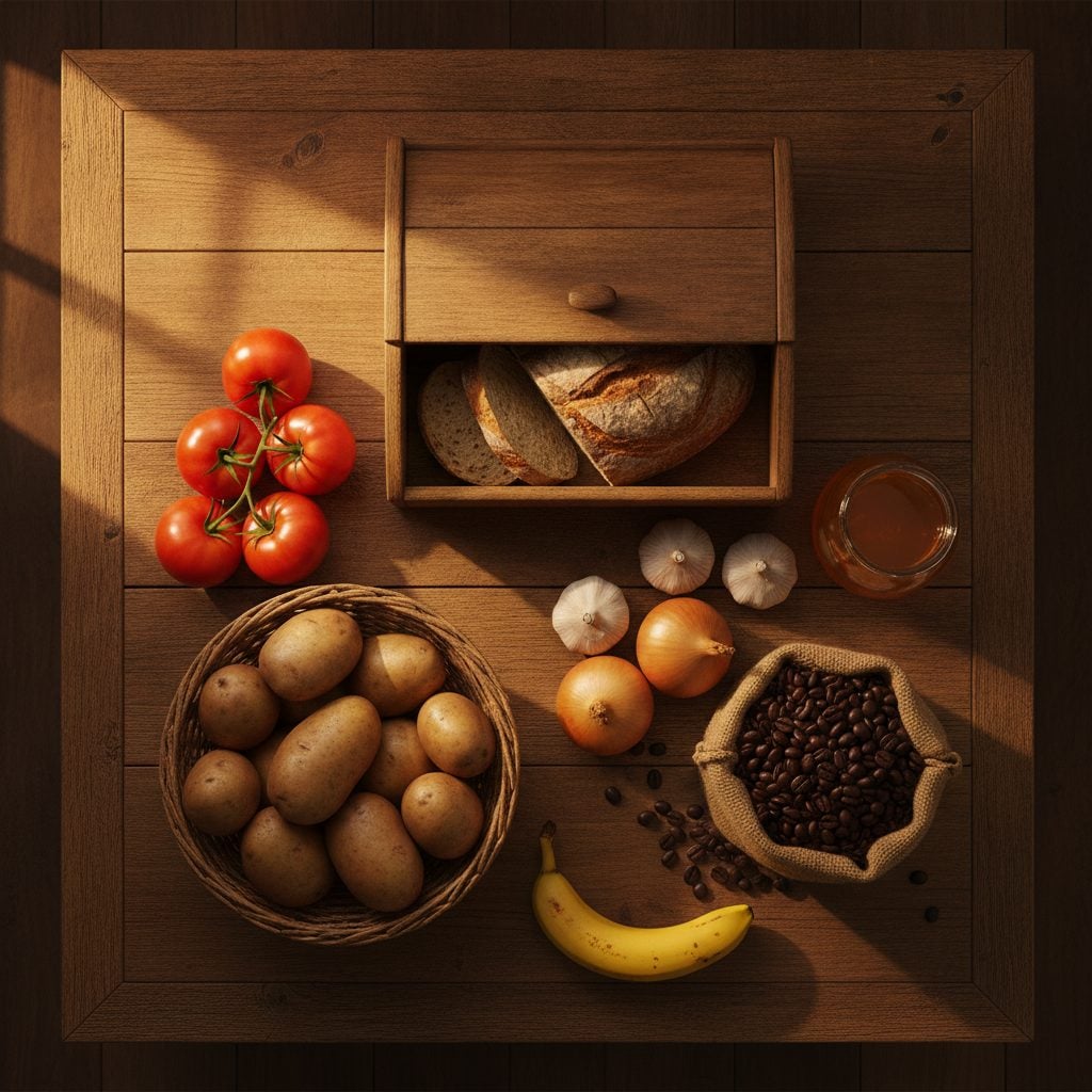 Foods that should not be refrigerated arranged on a counter: tomatoes bread garlic onions potatoes honey coffee and bananas