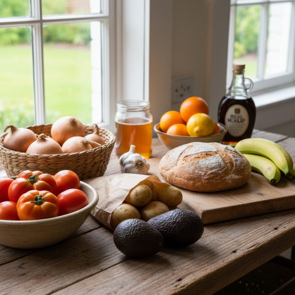 Counter-stable foods that don't need refrigeration: tomatoes, onions, garlic, potatoes, avocados, bananas, bread, honey, maple syrup, and citrus on a wooden farmhouse counter