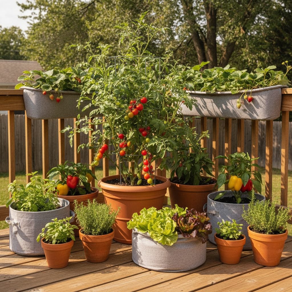 Container vegetables on a sunny wooden deck, the foods you can grow on your deck without a backyard