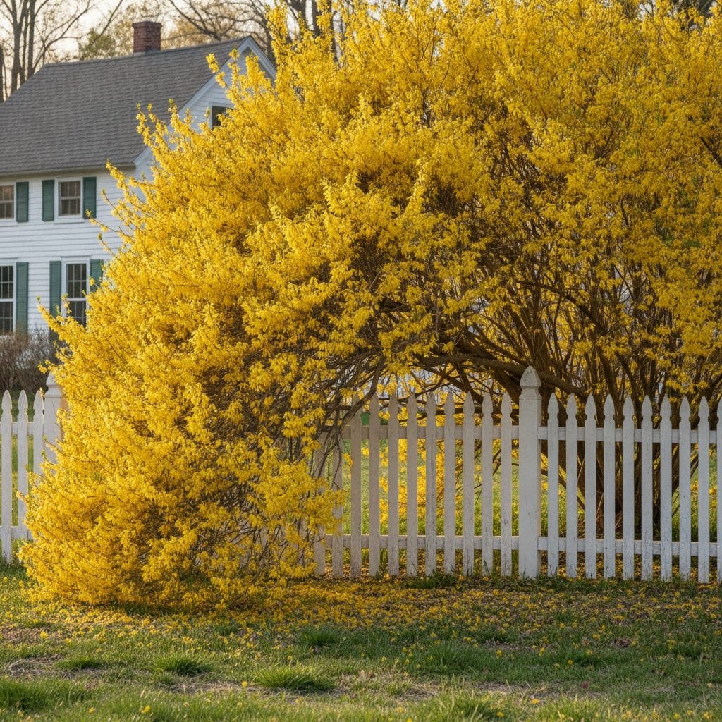 Large arching forsythia shrub in full bright yellow bloom in front of a wooden picket fence and small white New England farmhouse on a soft early spring morning.