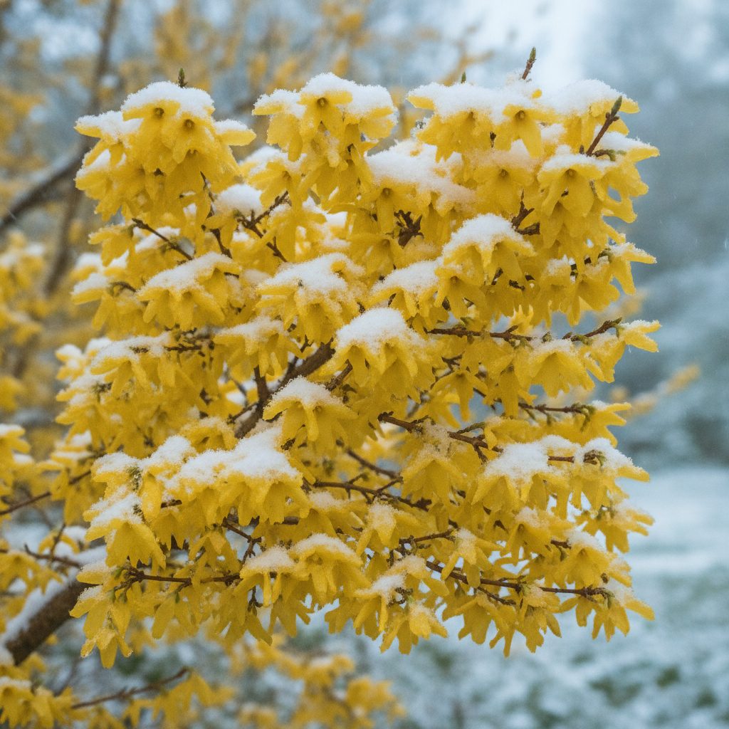 Forsythia branches in full yellow bloom with a light dusting of late spring snow on the petals in soft overcast light.