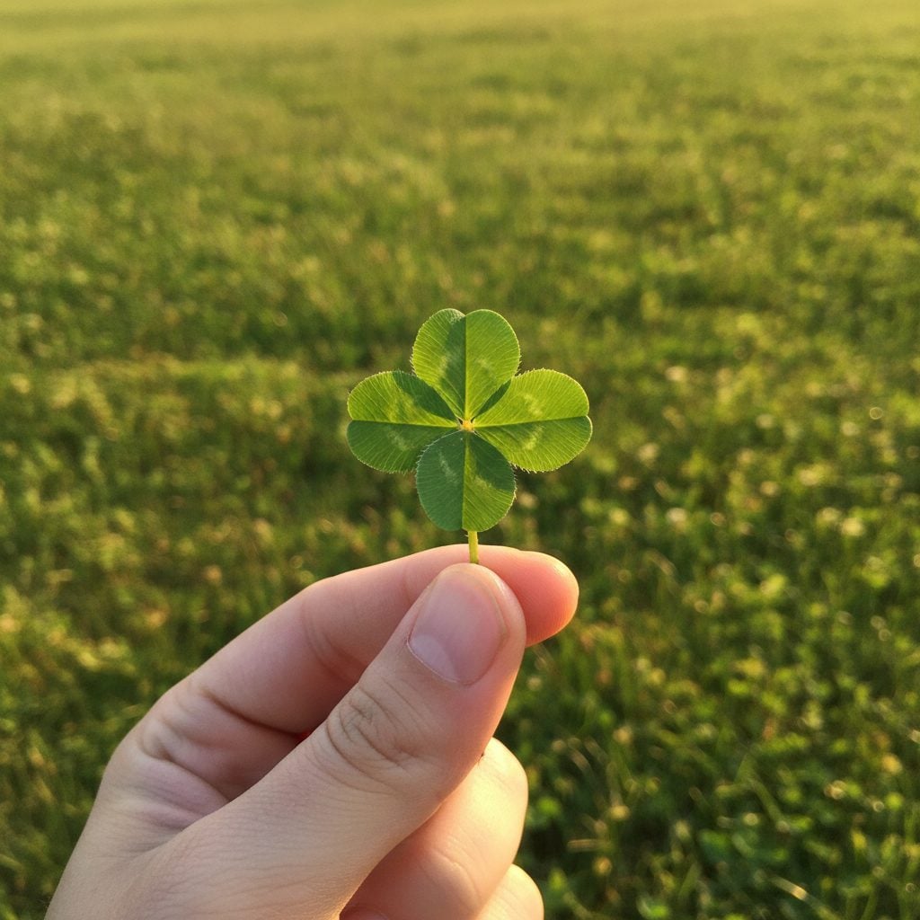 Rare four-leaf clover held in a hand against a green meadow background in soft afternoon light.