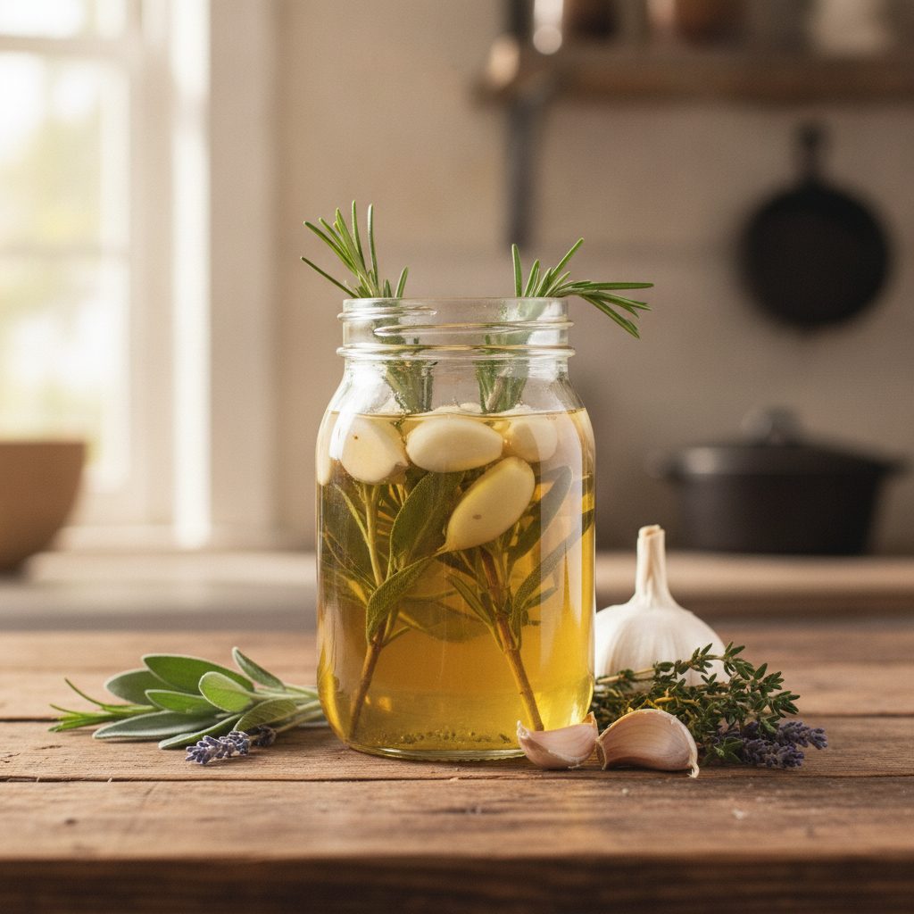 A glass jar of four thieves vinegar steeping with garlic and fresh rosemary, sage, thyme, and lavender herbs