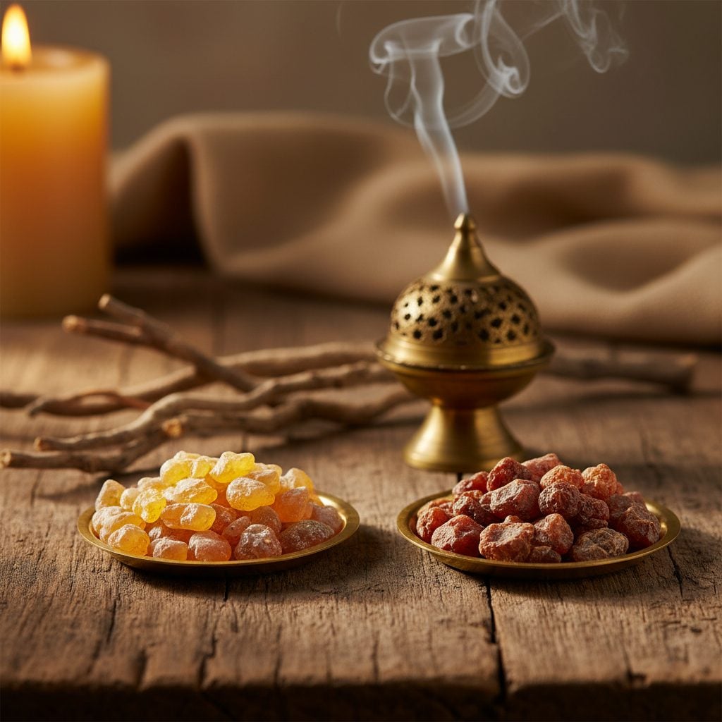 Amber-yellow frankincense resin tears and reddish-brown myrrh resin chunks in two small brass dishes beside a smoking incense burner on a rustic wooden surface