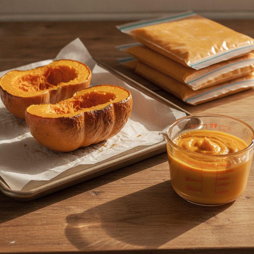 Roasted sugar pumpkin halves and pumpkin puree in a measuring cup with freezer bags ready for storage