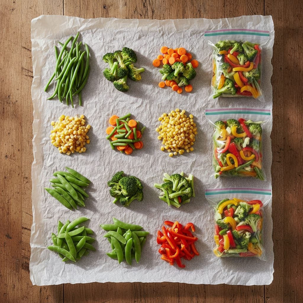Overhead view of blanched garden vegetables on parchment paper ready to be packed into freezer bags for winter storage.