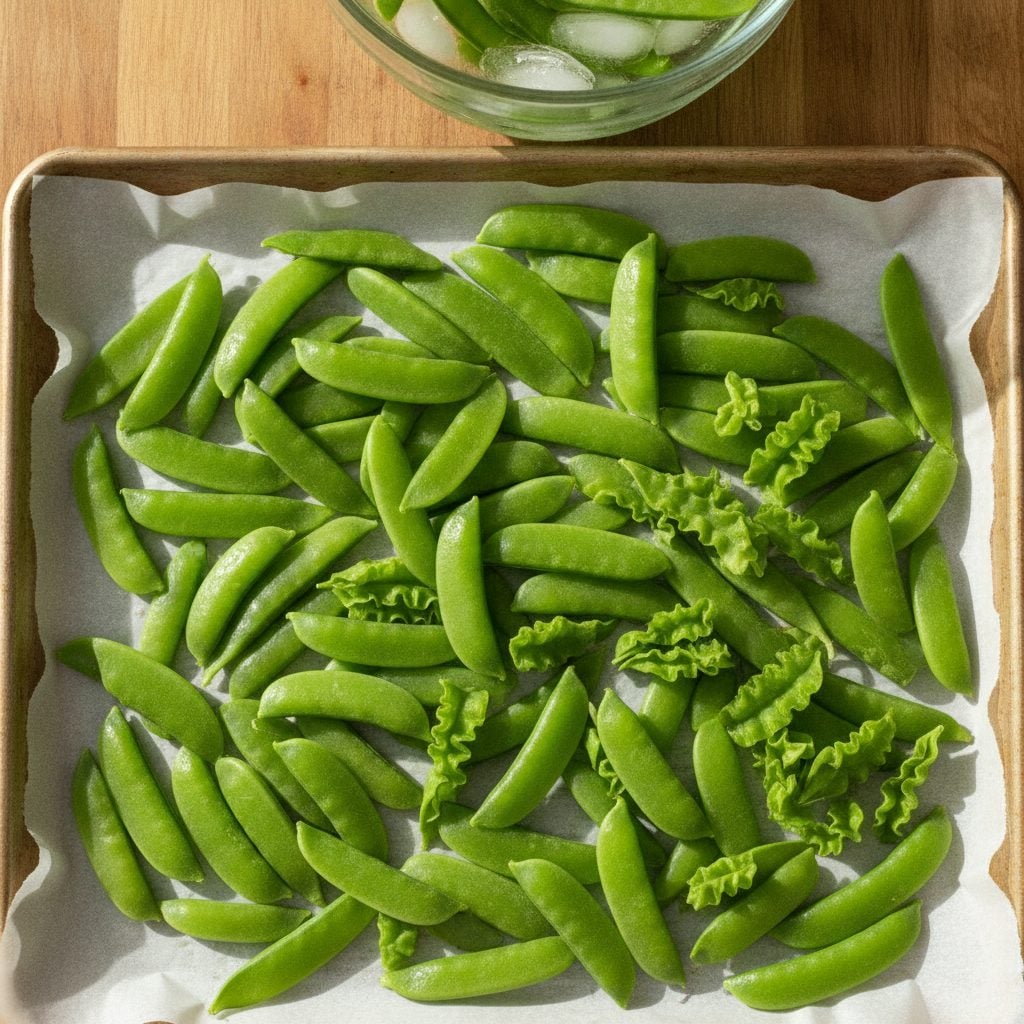Bright green snow peas and sugar snap peas in a single layer on a baking sheet ready to be flash frozen.