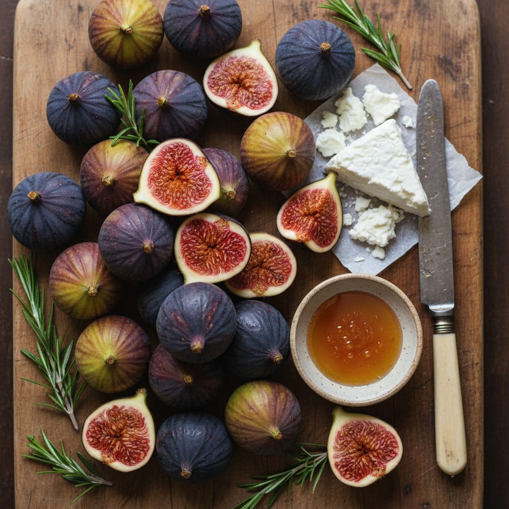 Fresh figs of mixed varieties (Black Mission, Brown Turkey, Kadota) cut in half showing pink-magenta seed-studded interior beside a dish of honey, goat cheese, and rosemary on a wooden cutting board