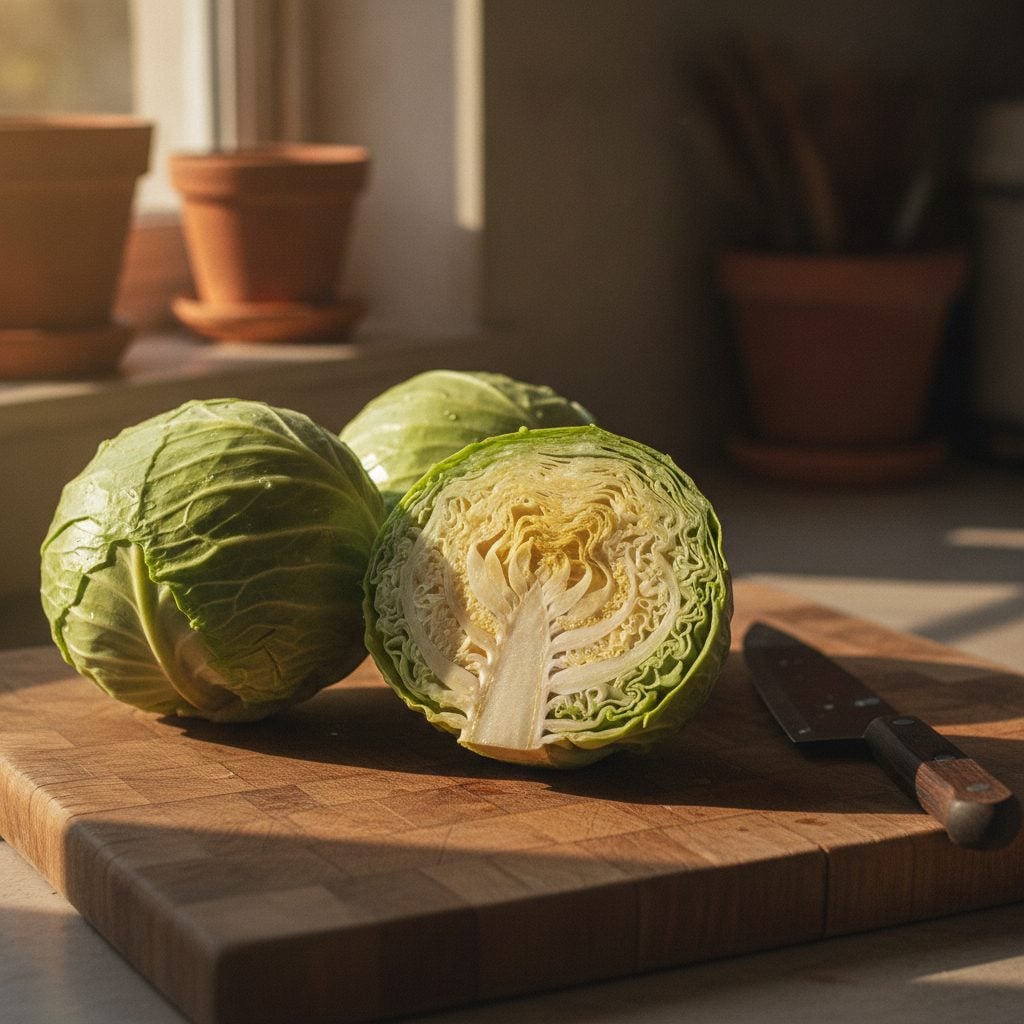 Halved fresh green cabbage on a wooden cutting board beside whole cabbage heads and a sharp chef's knife in soft afternoon kitchen light.