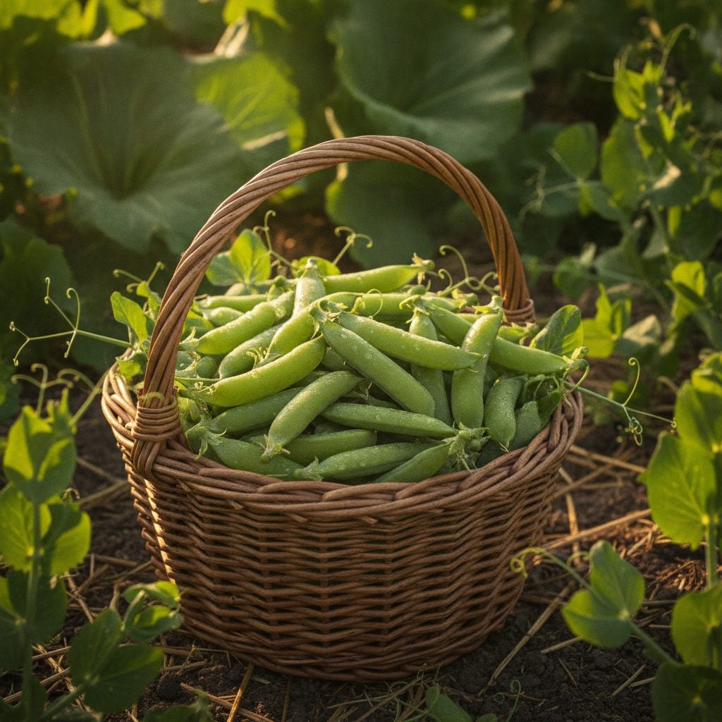 Wicker basket overflowing with freshly picked green sugar snap peas in a sunny vegetable garden in warm afternoon light.