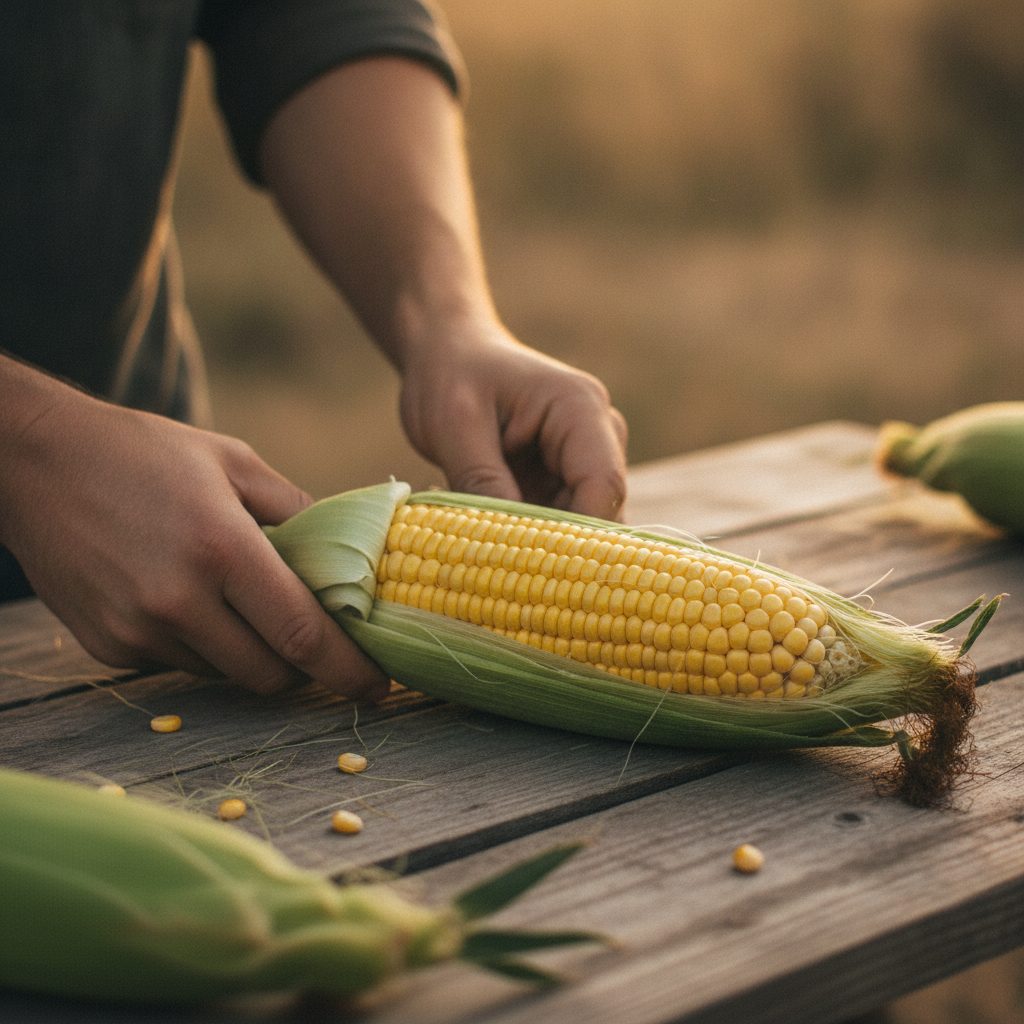 Freshly picked ear of sweet corn being husked on a wooden farm table with bright yellow plump kernels in warm afternoon light.