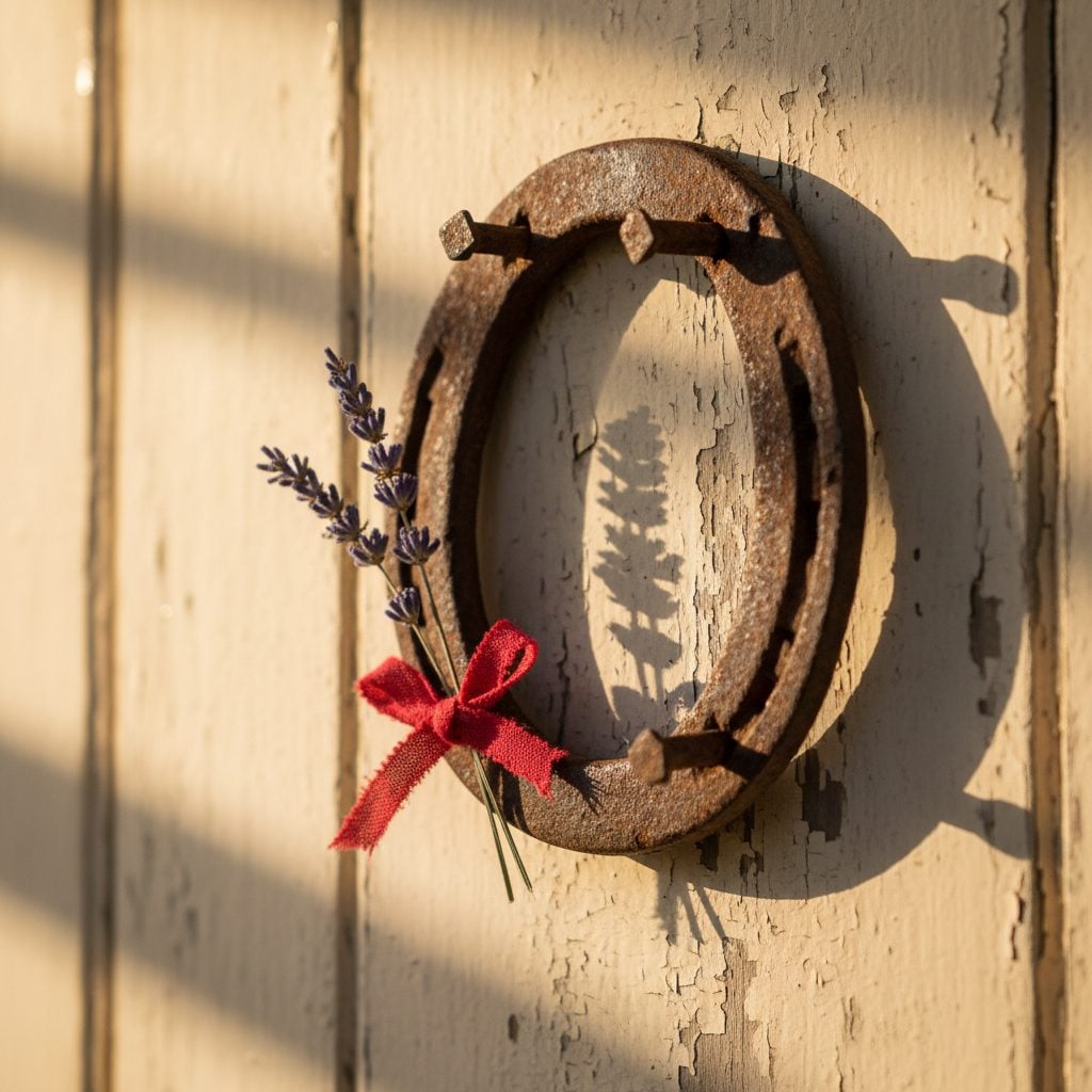 Weathered iron horseshoe hung points-up above a cream-painted wooden farmhouse doorway with a sprig of lavender and a knotted red ribbon