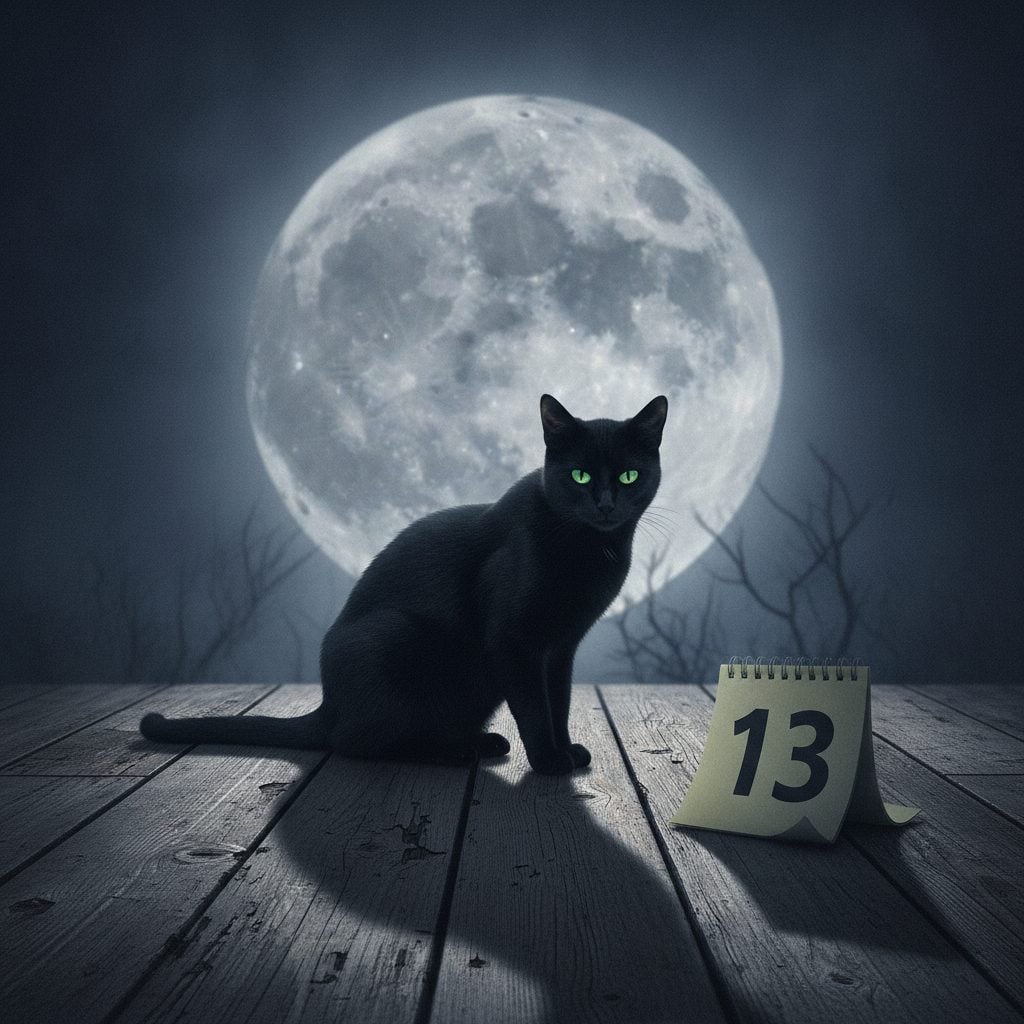 Black cat sitting before a full moon beside a calendar marked 13, illustrating Friday the 13th superstition