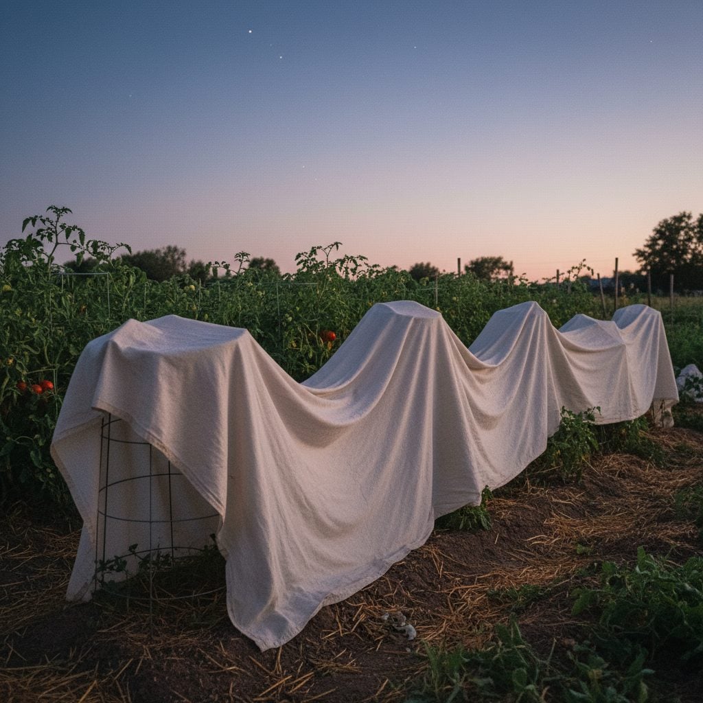 Old bedsheet covering tomato cages at dusk before an expected frost, the practical protection for outdoor plants at low temperature.