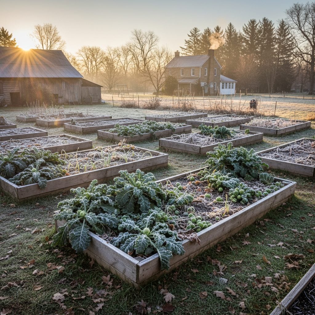 Raised vegetable garden with kale and brussels sprouts dusted in dawn frost, illustrating frost temperature and outdoor plants.