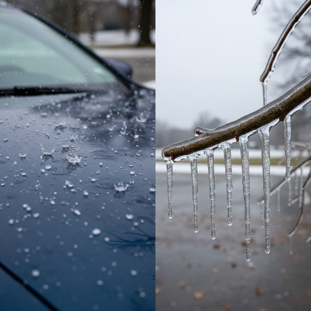 A close split scene of clear sleet pellets bouncing off a car hood on the left and a thin glaze of freezing rain coating a maple branch with icicle drips on the right