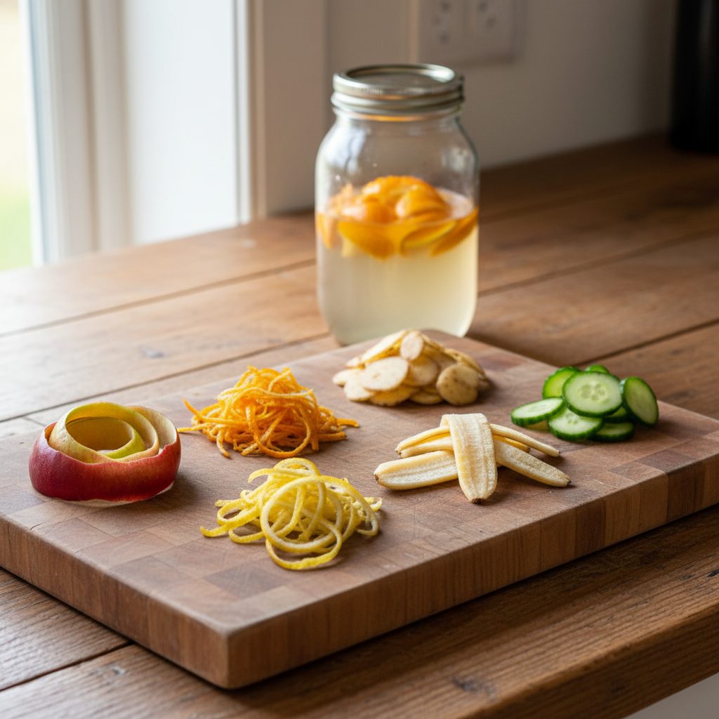 Curls of fruit and vegetable peelings (apple, potato, orange, lemon, banana, cucumber) on a wooden cutting board beside a jar of orange-peel vinegar on a farmhouse kitchen counter