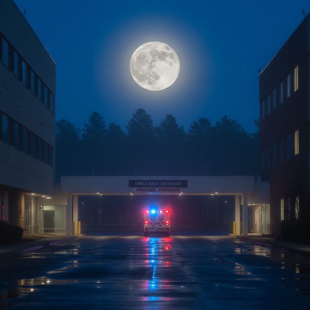 Bright full Moon rising over a fogged hospital ambulance bay at night with red and blue ambulance lights reflecting on wet pavement