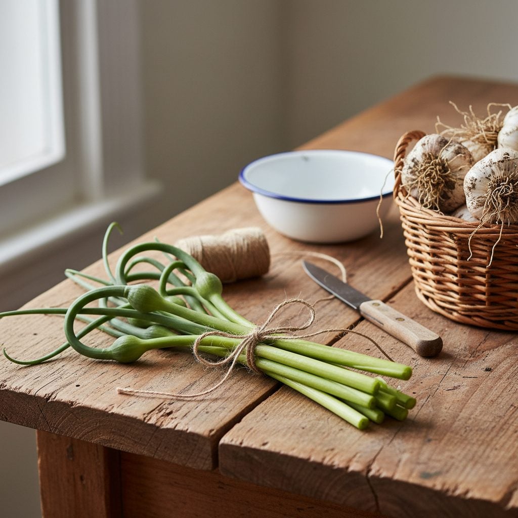 Bundle of freshly cut curly green garlic scapes tied with twine on a wooden farmhouse table next to a basket of just-pulled garlic bulbs