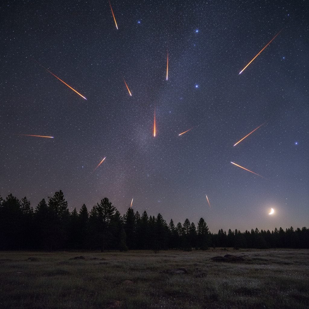 Geminid meteor shower streaking across a dark rural sky filled with stars above a pine treeline, peak night activity.
