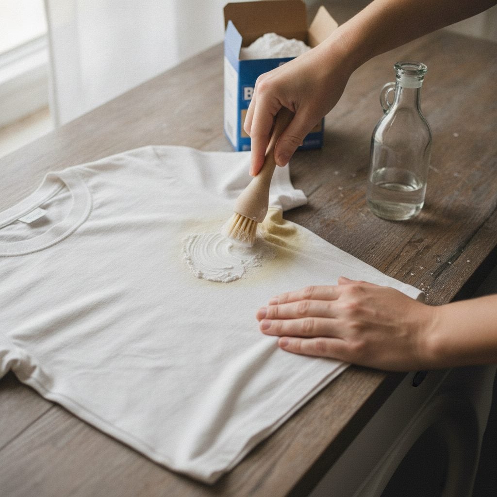Hands scrubbing a paste into the underarm of an inside-out white shirt to get rid of underarm odor in clothes