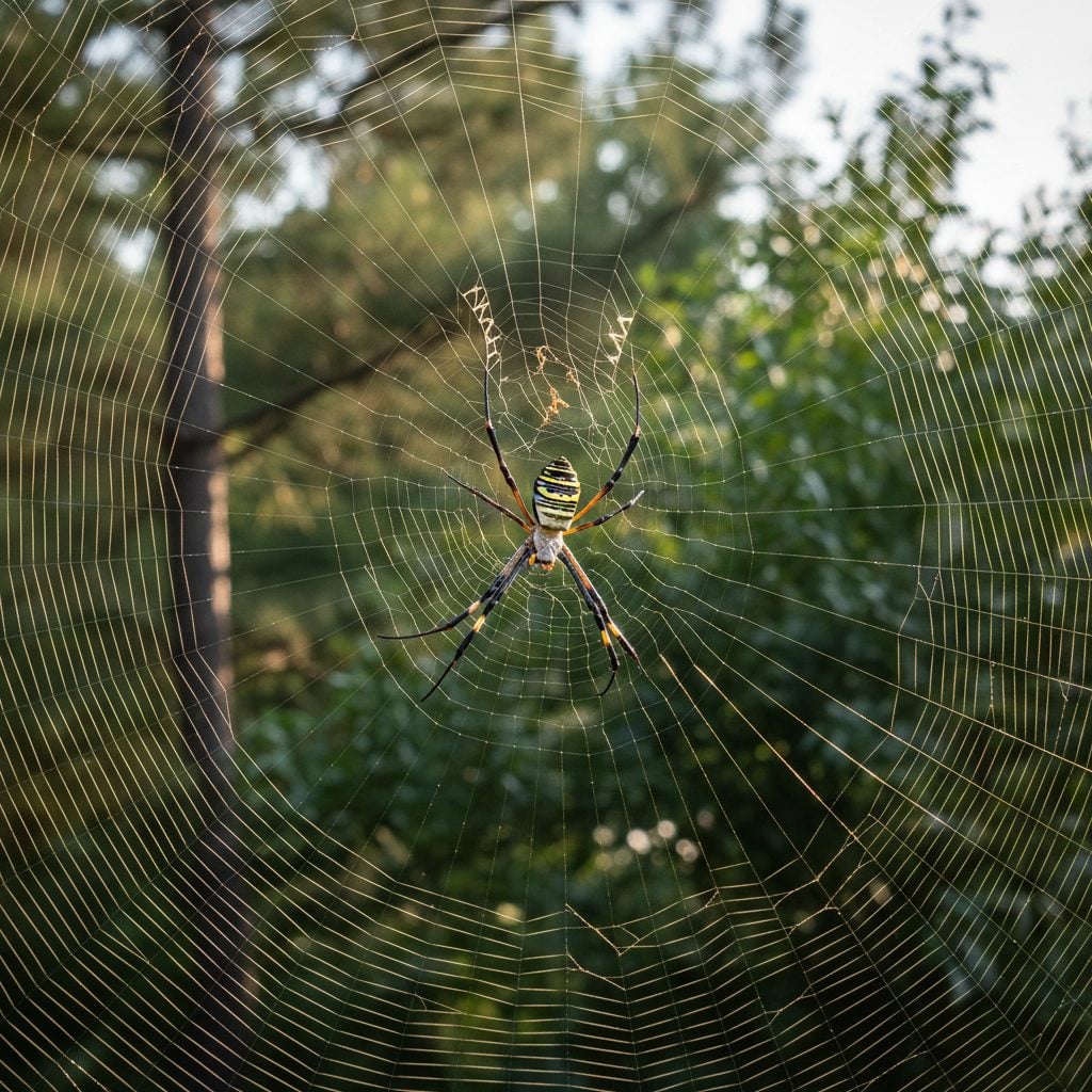 Giant Joro spider on a gold-tinted orb web stretched between two pine trees in a sunlit southeastern backyard in late summer.
