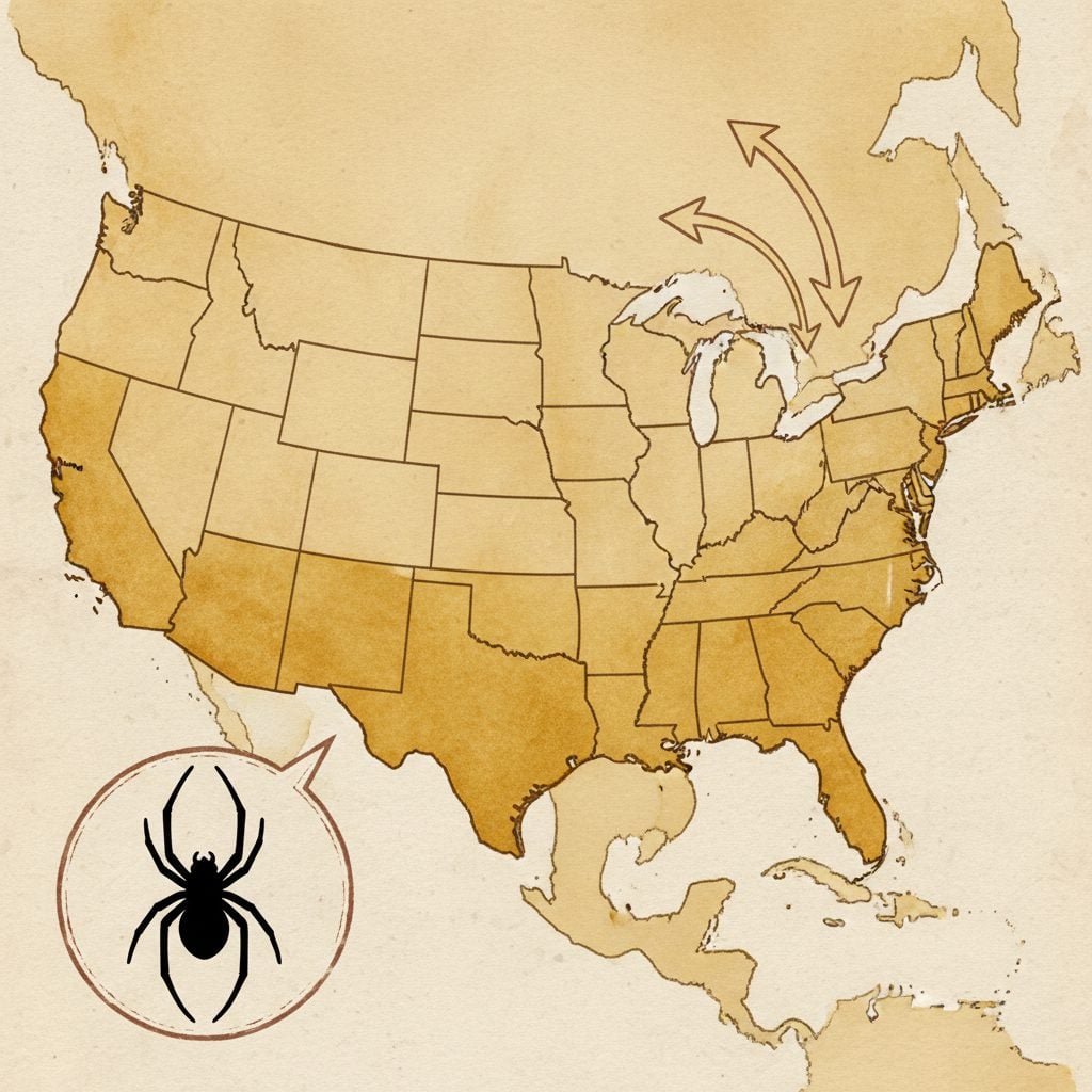 Illustrated map of the eastern United States showing the giant Joro spider's range across the Southeast and mid-Atlantic with arrows tracking the northward spread.