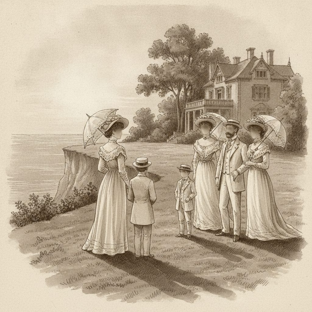 Painted historical scene of a Gilded Age American family in white summer leisure attire at a Newport seaside retreat in late 1800s sepia tones.